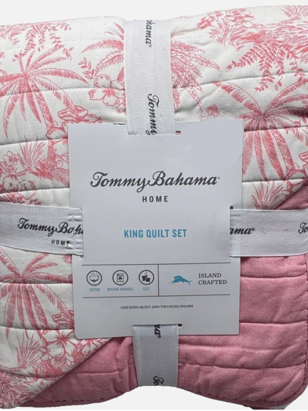 3pc Tommy Bahama Pen & Ink Palm Tree Plumeria KING Quilt Sham Set Island Floral